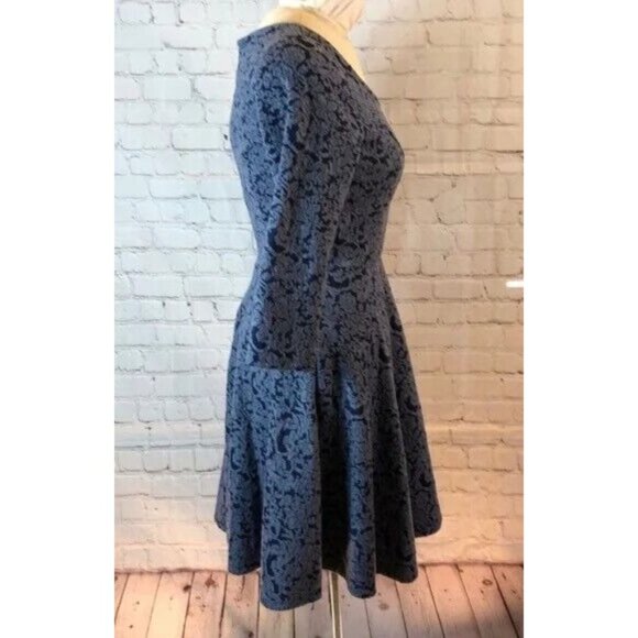 NWT Lauren Conrad Skater Dress Blue Knit Floral Print Full Skirt Medium - Picture 3 of 6